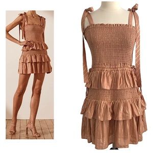 House of Harlow XS Corinne Shirred Ruffle Tier Mini Dress Desert Rose Blush NWT